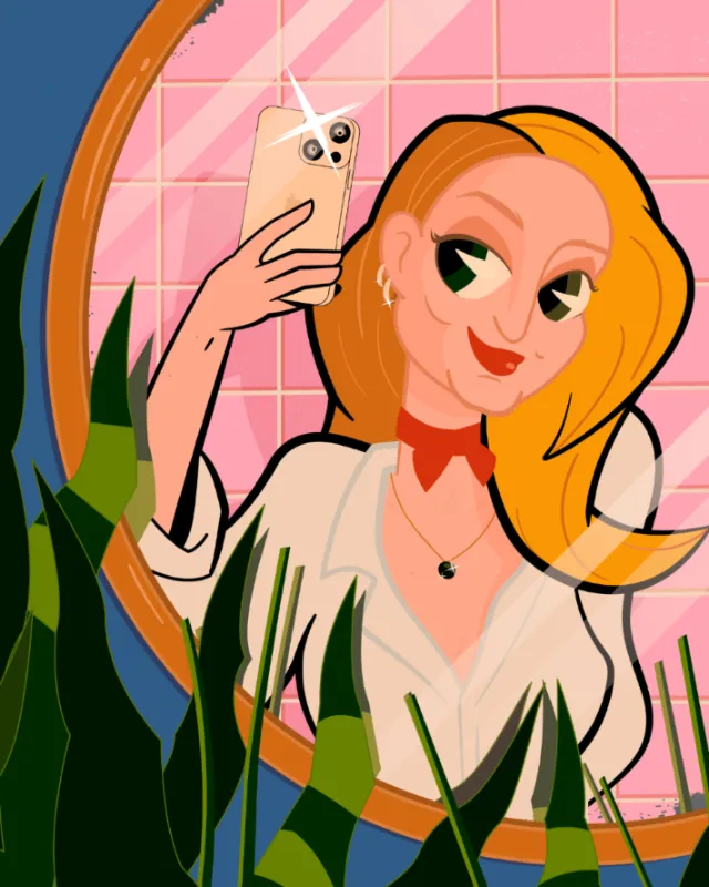 Woman with red hair taking selfie in mirror surrounded by plants
