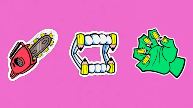 Stickers of a chainsaw, vampire teeth with pencils, and green hand holding money