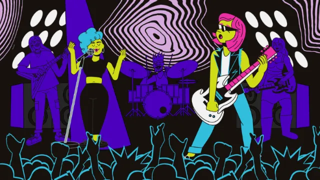 Illustration of a band performing live on stage with audience in foreground