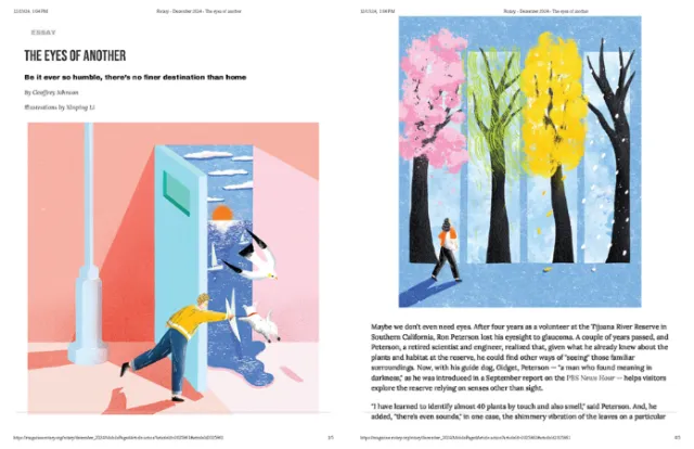 Illustration of two scenes: person entering building and person walking by colorful trees