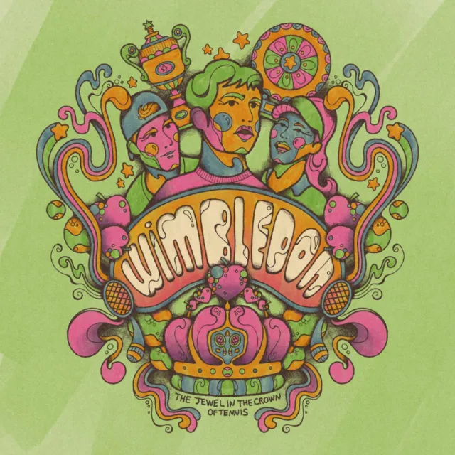 Psychedelic Wimbledon 2025 design with portraits and crown by Laura Greenan