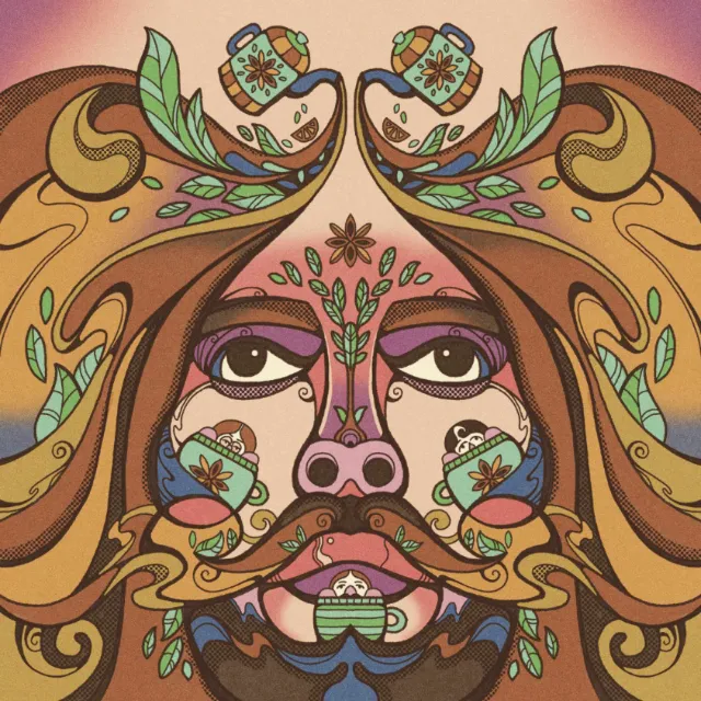 Psychedelic face with teacups, flowers, and swirling patterns
