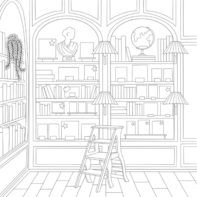 Black and white line drawing of a home library with ladder and bookshelves