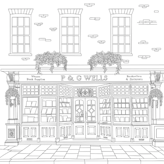 Line drawing of vintage bookstore exterior with windows and flowers