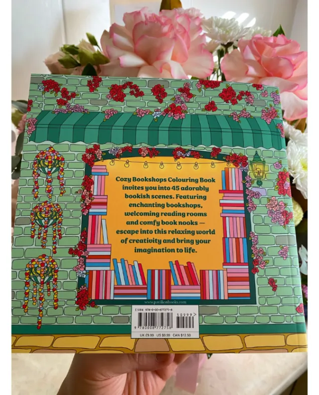 Back cover of cozy bookshop coloring book with flowers and books illustration