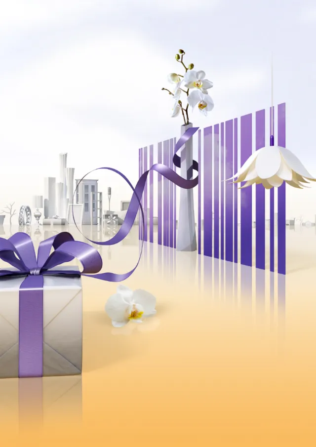 Silver gift box with purple ribbon and white orchids in futuristic city