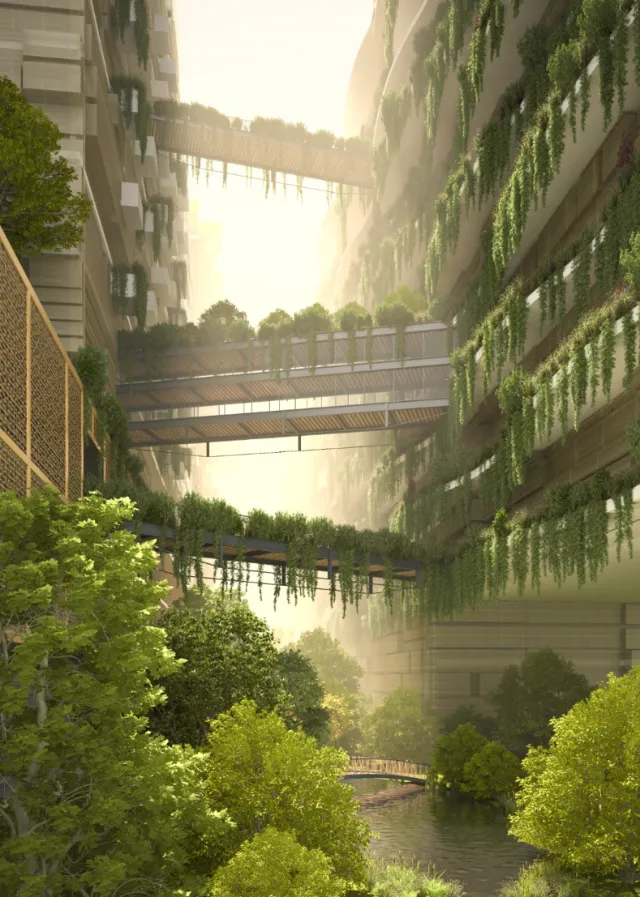 Futuristic city with vertical gardens and green pedestrian bridges above water.