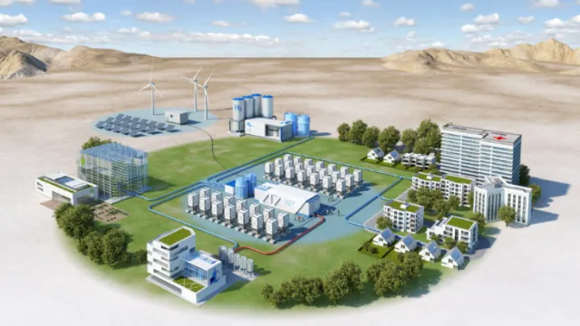 Sustainable industrial complex with solar panels, wind turbines, and modern buildings