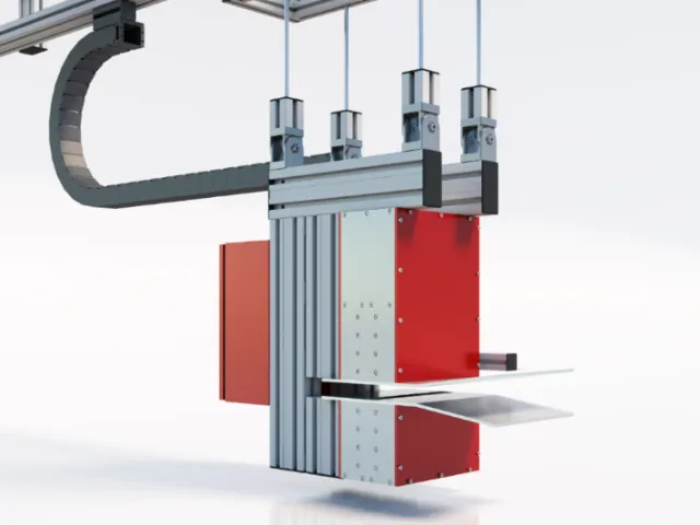 Industrial robotic arm handling metal sheets by Oliver Hasselluhn