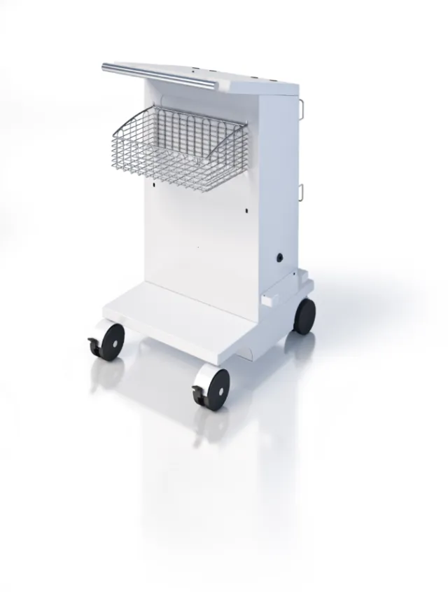 White mobile medical cart with basket and four wheels