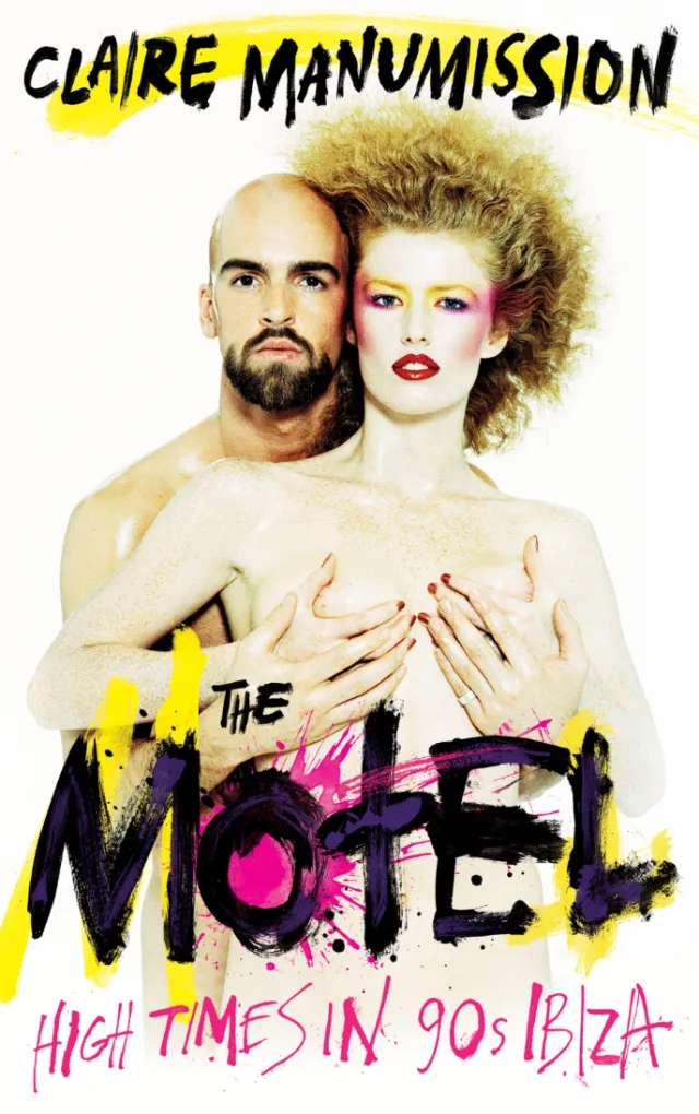 Cover of The Motel memoir with bold hand lettering and two models