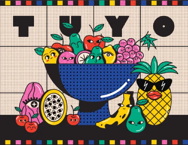 Illustration of vibrant fruits including pineapple, grapes, and passion fruit with TUYO text.