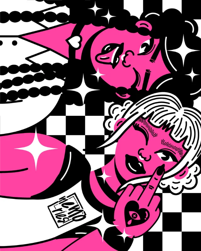 Two stylized characters in black and pink with bold expressions