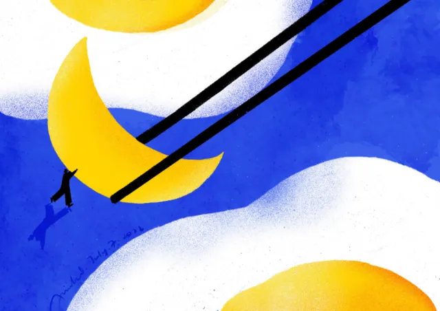 Person placing a crescent moon using chopsticks among fried eggs