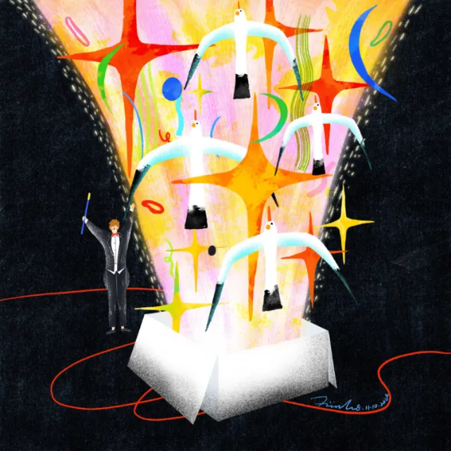 Magician performing with glowing stars and white doves emerging from a box