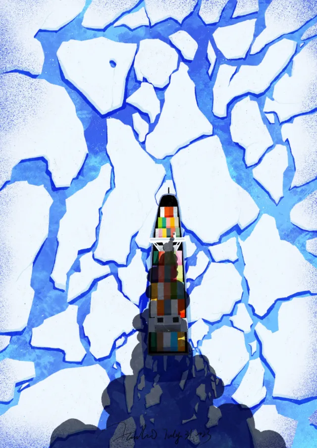 Colorful lighthouse surrounded by cracked ice on Arctic sea