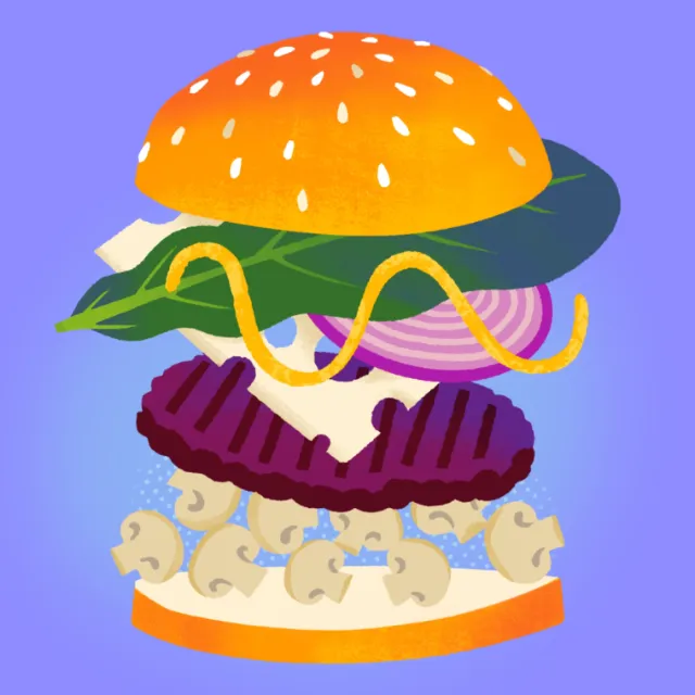 Illustration of a deconstructed mushroom Swiss burger with kale and mustard