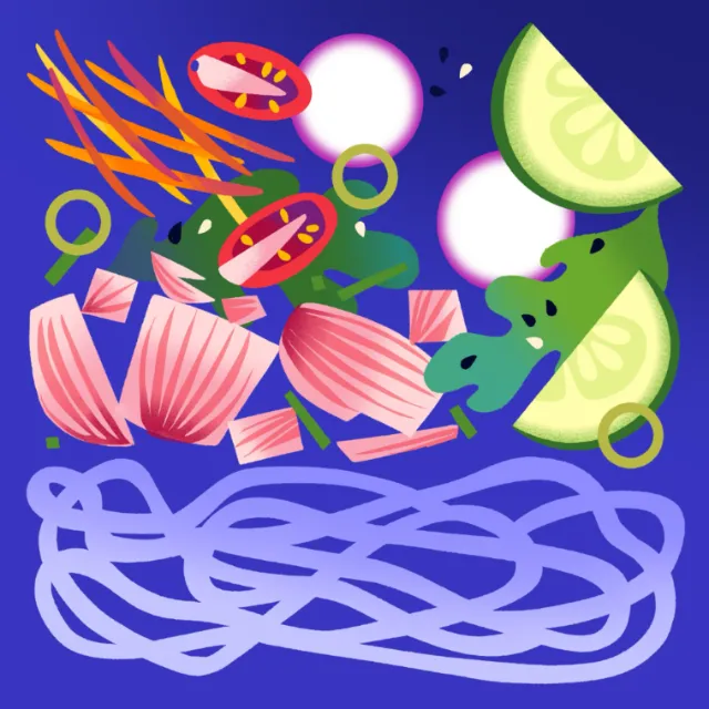 Colorful kimchi and cold noodle salad with vegetables and lime slices