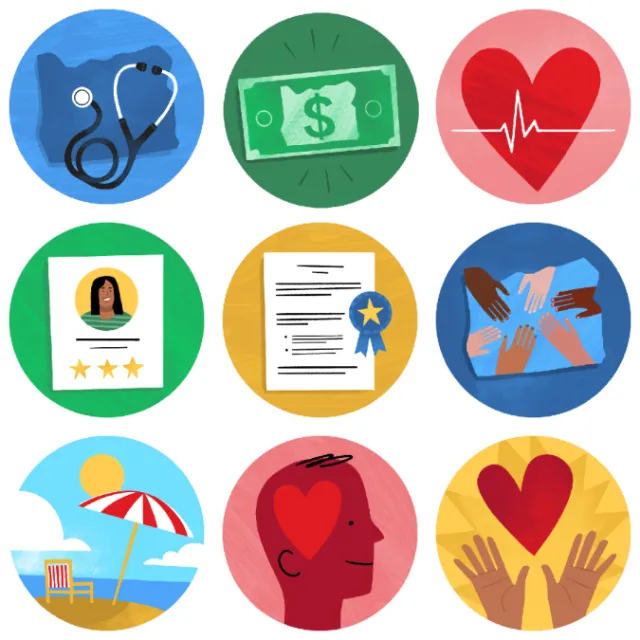 Set of icons including stethoscope, money, heart, ID, certificate, hands, beach, head, and heart han