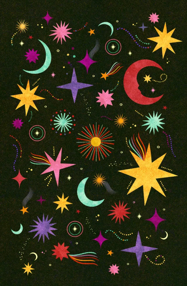 Bright multicolored stars and crescent moons on black background