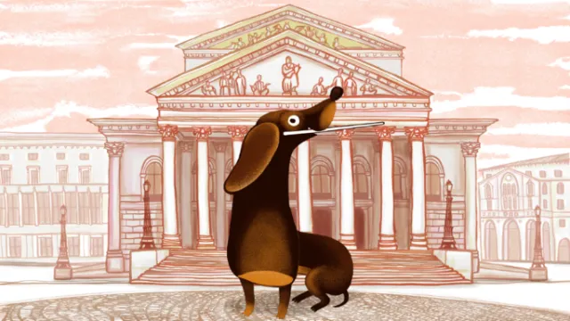 Illustration of Gustl, a dachshund dog character, in front of classical building