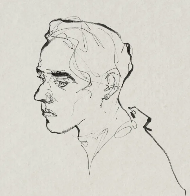 Minimalist line drawing of a young man in profile view