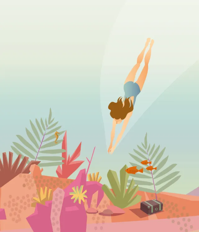 Illustration of woman diving underwater with coral and fish below