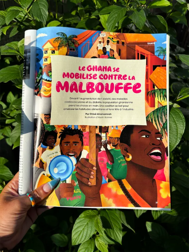 Hand holding colorful magazine about Ghana protesting junk food