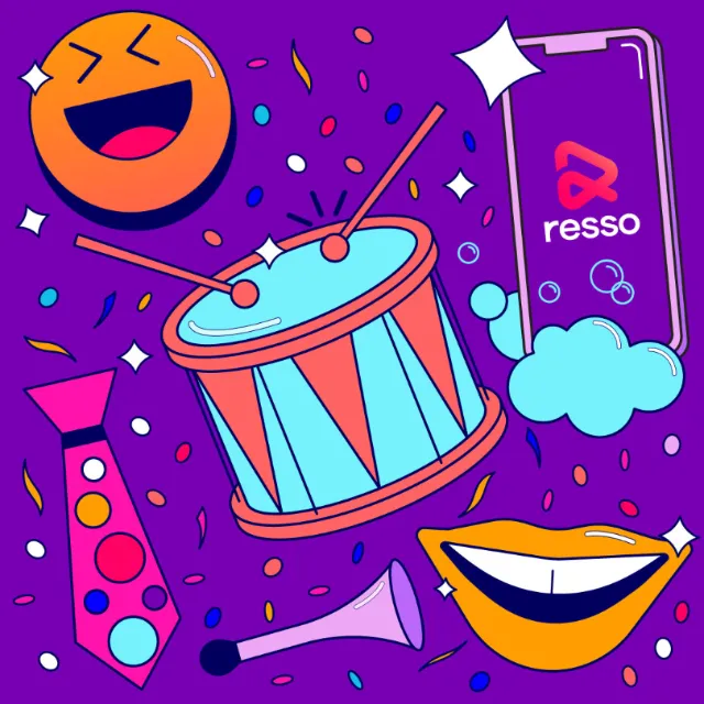 Illustration showing a drum, laughing emoji, tie, trumpet, smiling mouth, and smartphone with Resso