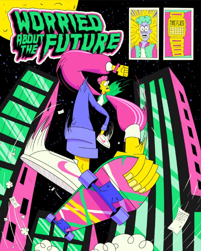 Skateboarder in neon cityscape with cartoon posters and flying papers