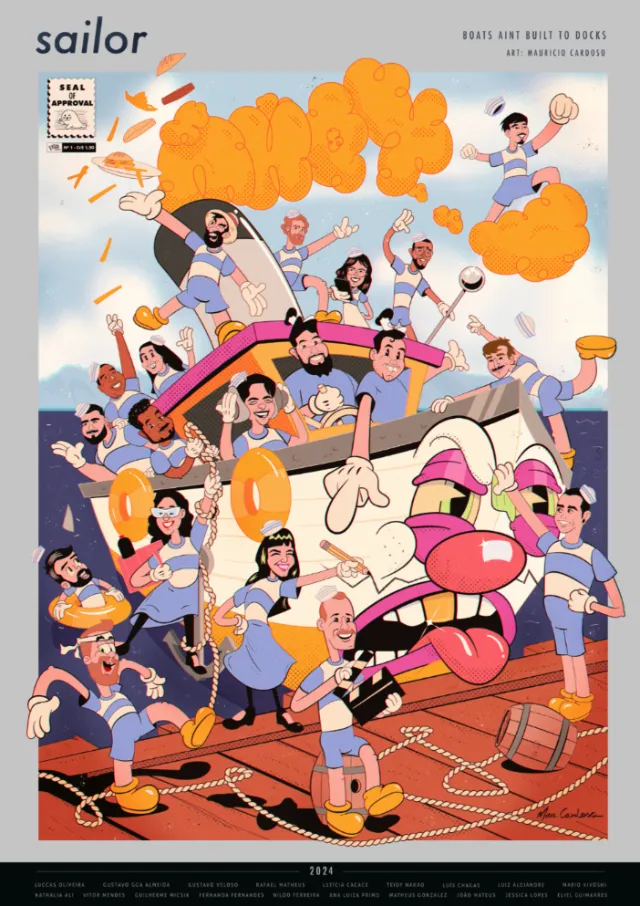 Cartoon sailors joyfully dancing and playing music on a ship deck.