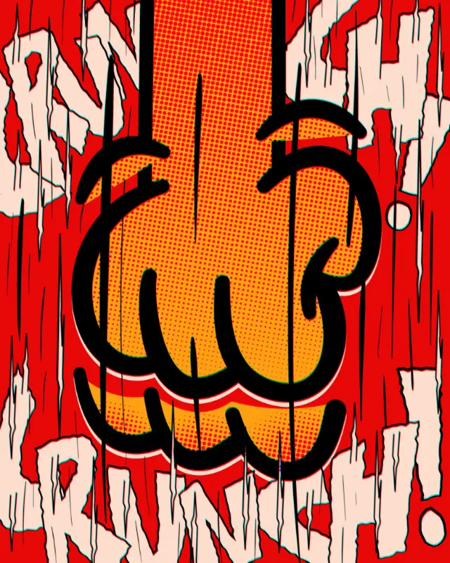 Orange comic fist punching with bold impact text in background