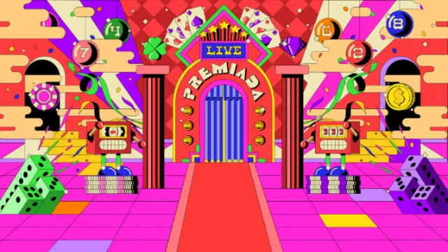 Colorful casino entrance with dice, cards, slots by Mau Cardoso
