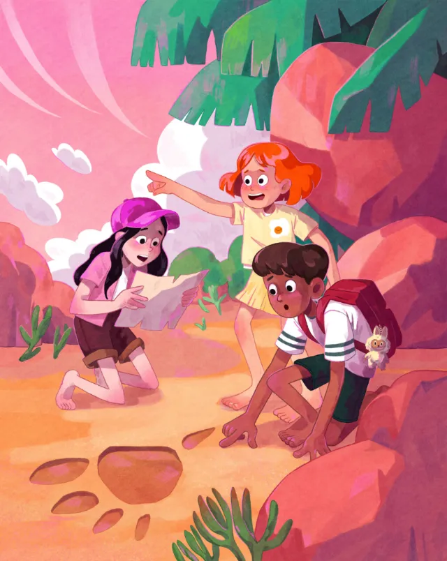 Young explorers following a treasure map in forest