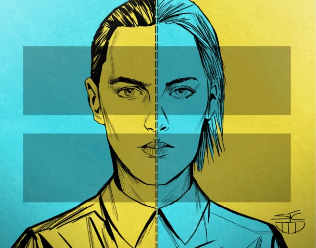 Split face illustration showing male and female halves with equals sign