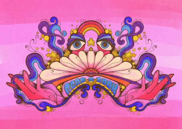 Psychedelic 60s style colorful illustration with hands, eyes, and stars