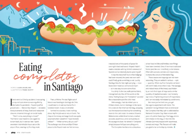 Woman eating a Chilean hotdog or completos by Vicky Scott