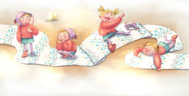 Kids playing and sliding on a zigzag patterned ribbon