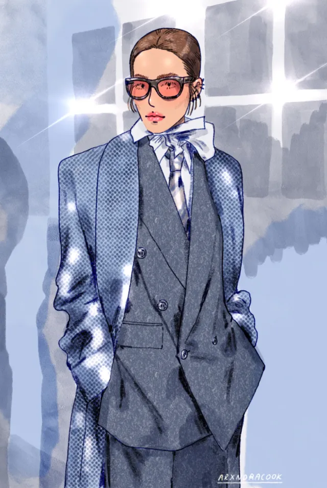 Fashion illustration of woman in blue suit and glasses by Alxndra Cook
