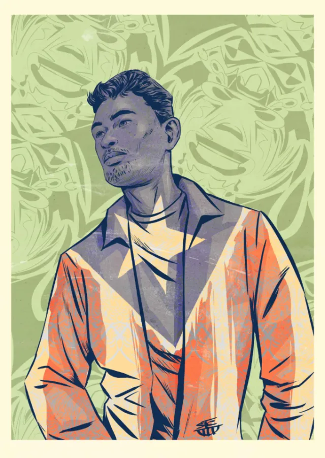 Stylized illustration of a man in a jacket with abstract green background