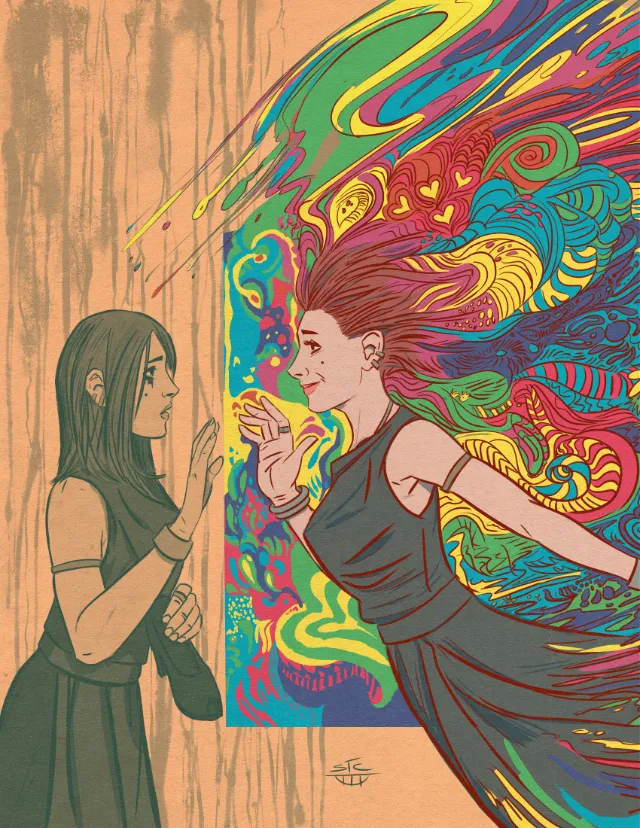 Woman reaching out to colorful, energetic reflection of herself