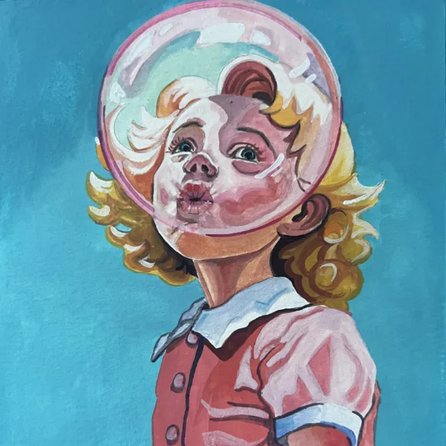 Girl blowing a bubble with bubblegum wearing a red dress and white collar