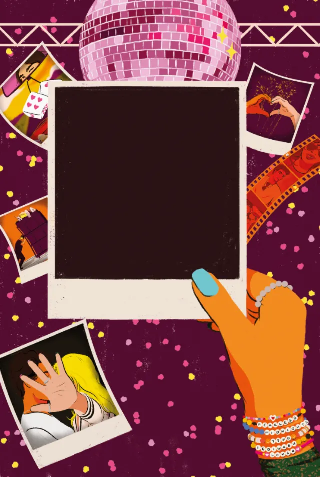 Hand holding blank instant photo with disco ball, film strips, and confetti