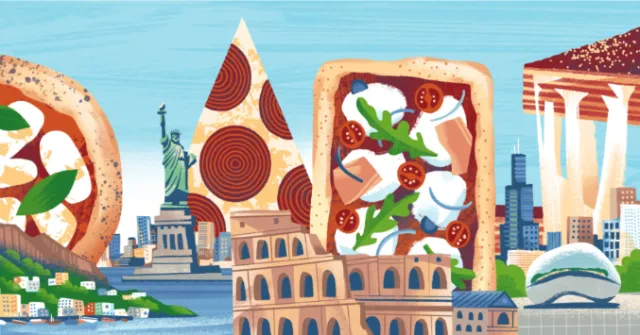 Illustration of pizza slices with famous world landmarks
