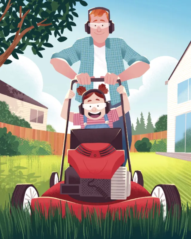 Child helping dad mow the lawn with a red lawnmower outdoors