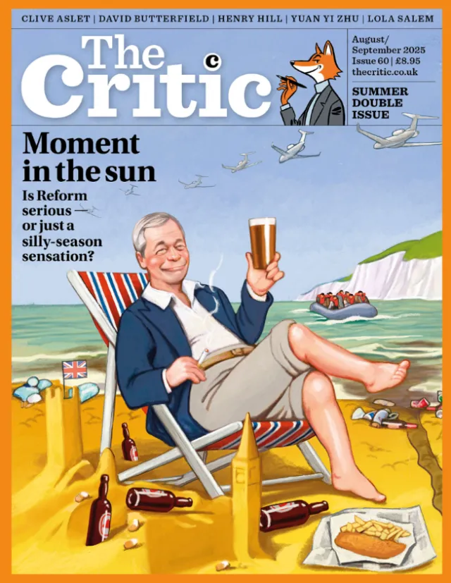 Man relaxing on beach chair with drink, bottles, and fish and chips on sand.