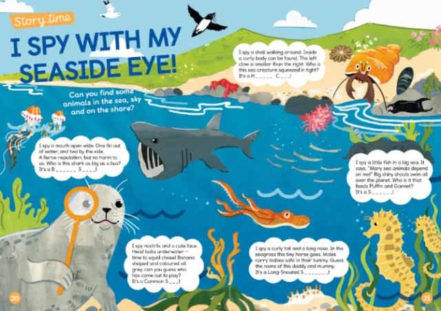 Colorful seaside scene with various sea creatures and a shark