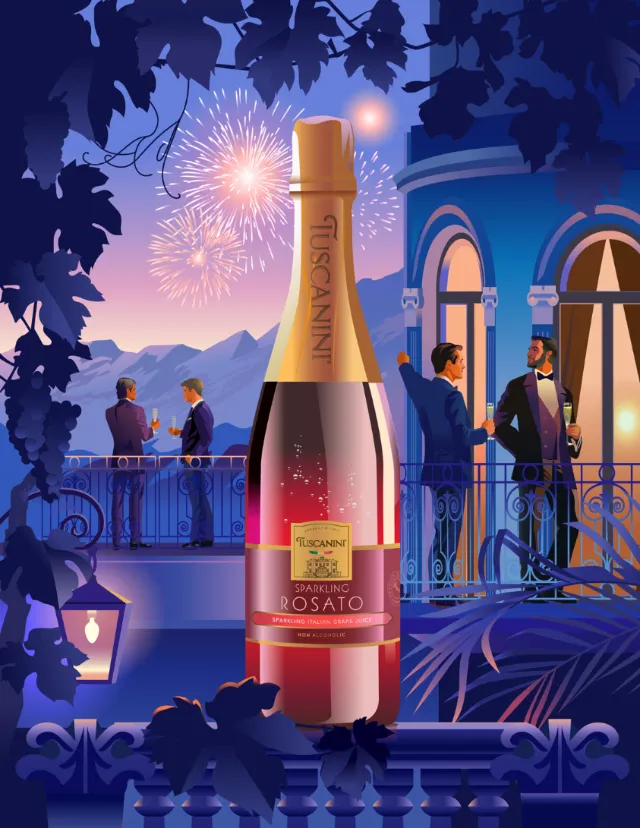 Sparkling rosato wine bottle with people celebrating on rooftop at night with fireworks