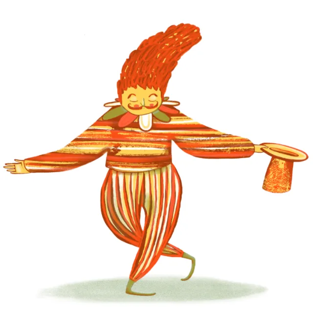 Cartoon character with red hair bowing while holding a hat