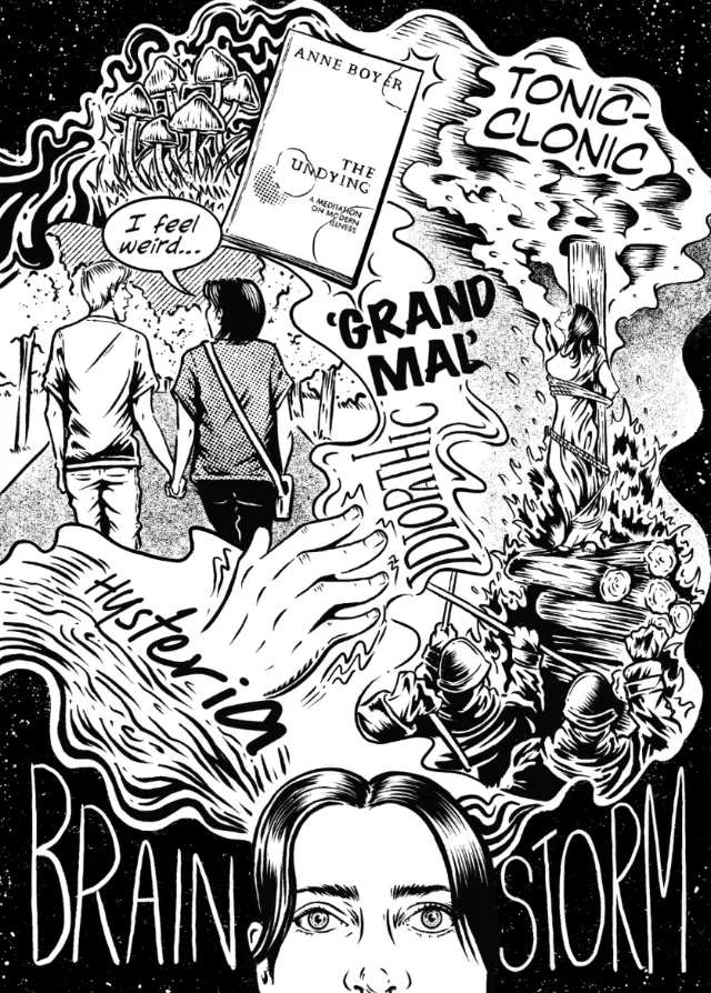 Black and white illustration showing two people, hands, and epilepsy terms